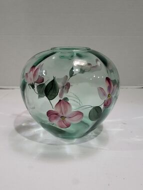 FENTON Glass Vase Teal Green Hand Painted Pink Flowers Vines SIGNED